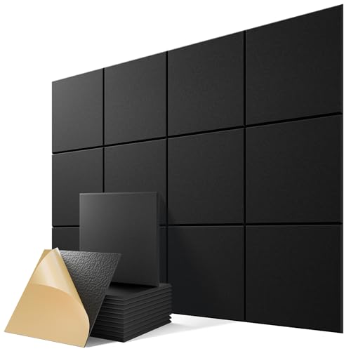 12 Pack Self-Adhesive Acoustic Panels, 12" X 12" X 0.4" High-Density Sound Proof Foam Panels for Walls, Polyester Fiber Soundproof Wall Panels for Home & Office (Black) - color: Black, size: Basic 12 Pack