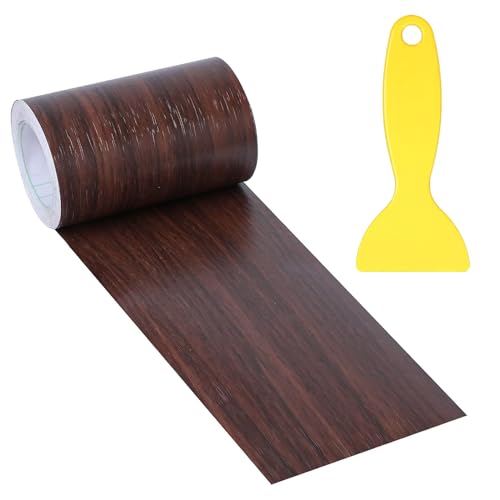 4" X33' Size Realistic Wood Grain Repair Tape, Self Adhesive Wood Grain Repair Patch for Tables, Chairs, Doors, Windows, Floors, Furniture Renovation, Handicraft DIY. With Plastic Scraper. Dark Brown - color: Dark Brown