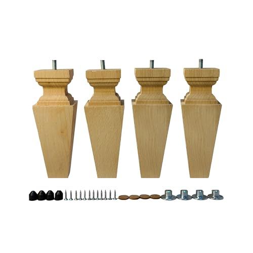 8 Inch Square Solid Wood Beech Replacement Furniture Legs, Set of 4, Wooden Feet Mid Century Modern, Unfinished Legs for Sofa, Couch, Armchair, Ottoman, Cabinet, TV Stand, Dresser - size: 8" / 20cm