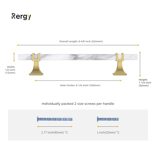 Rergy 10 Pack Cabinet Handles, White Marble & Matte Gold Pulls, 6.25" - color: White Marble & Matte Gold &Square, size: 6-1/4 inch (160mm) Hole Center