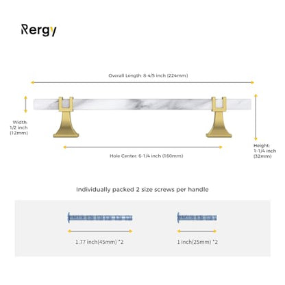 Rergy 10 Pack Cabinet Handles, White Marble & Matte Gold Pulls, 6.25" - color: White Marble & Matte Gold &Square, size: 6-1/4 inch (160mm) Hole Center