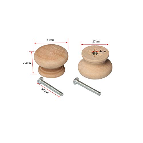 24 PCS Round Wooden Knob with Screws Unfinished Drawer Furniture Cabinet Closet Dresser Pull Handles (34mm Diameter,25mm Overall Height)