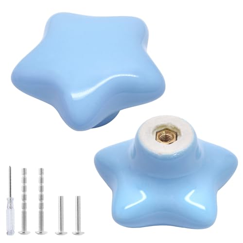 2pcs Ceramic Star Blue Drawer Knobs, Cute Cabinet Pulls for Kids - color: Blue + Star Shape, size: 2 Pack