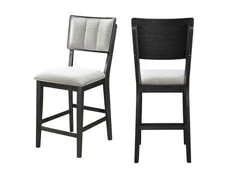 5pc Counter Height Dining Set Storage Table Single Pedestal Round Black Gray Natural Grain Integrated Turntable Drop Leaves Built in Shelving Fabric Upholstery Chairs