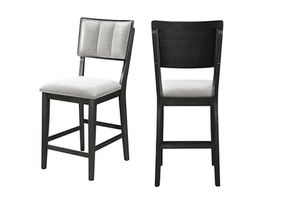 5pc Counter Height Dining Set Storage Table Single Pedestal Round Black Gray Natural Grain Integrated Turntable Drop Leaves Built in Shelving Fabric Upholstery Chairs