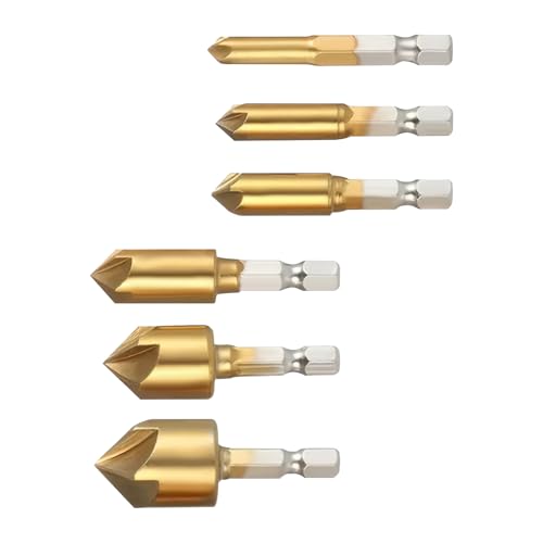 Countersink Drill Bit Set 6Pcs Titanium Coated Chamfer Bits with Hex Shank, 90-Degree 5-Flute Woodworking Metal Drilling Tool Kit for DIY Furniture Repair, Imperial Sizes 1/4 to 3/4 Inch
