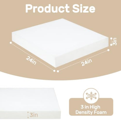 Couch Cushion Replacement 3"H, High Density Upholstery Foam Cushion Insert - color: White, size: 3"x24"x24"