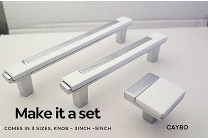 CAYBO 3.77 Inch (96mm) Gold Drawer and Cabinet Handle Set Unique Modern Kitchen Cabinet Pulls and Handles Chrome with White Trim, Pack of 5 - color: Chrome White, size: 5 Pack 3.77"/96mm