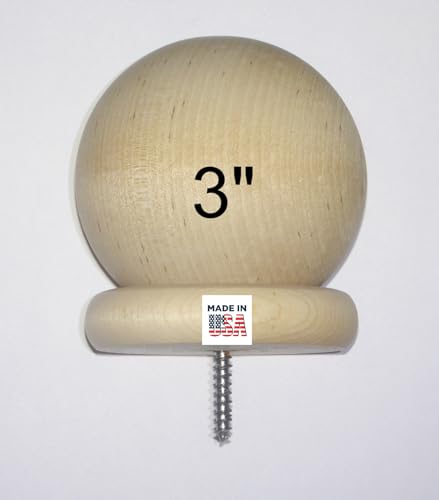 (1) - Ball Finial 3 in - Round Large Birch Wood Ball Finial with 3/16 in Wood Screw - - Wood Cap Baluster Newel Post Railing/See Description for Details and Measurements, Unfinished