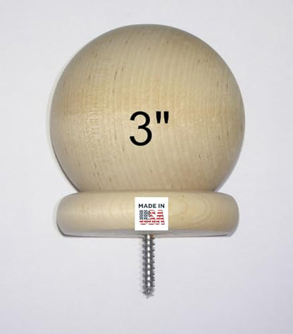 (1) - Ball Finial 3 in - Round Large Birch Wood Ball Finial with 3/16 in Wood Screw - - Wood Cap Baluster Newel Post Railing/See Description for Details and Measurements, Unfinished