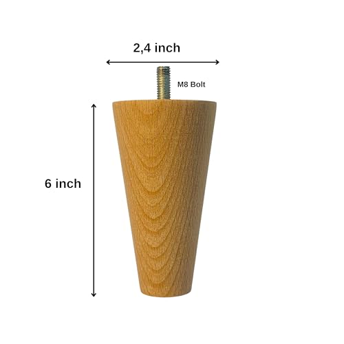 6 Inch Round Solid Beech Wood Replacement Furniture Legs, Set of 4, Wooden Feet Mid Century Modern, Unfinished Legs for Sofa, Couch, Armchair, Ottoman, Cabinet, TV Stand, Dresser - size: 6" / 15cm