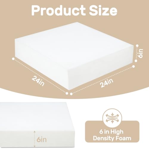 Couch Cushion Replacement 6"H, High Density Upholstery Foam Cushion Insert - color: White, size: 24"x24"x6"