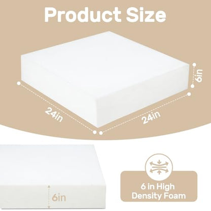 Couch Cushion Replacement 6"H, High Density Upholstery Foam Cushion Insert - color: White, size: 24"x24"x6"