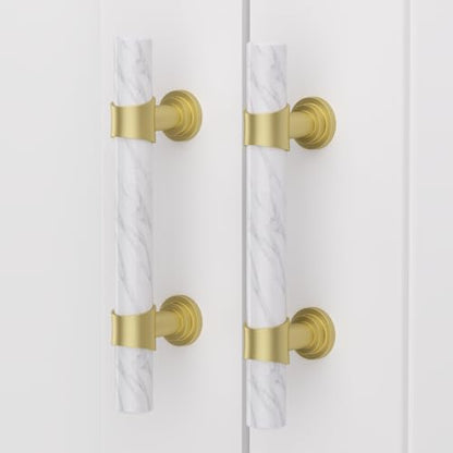 Rergy 10 Pack Cabinet Handles, White Marble & Matte Gold Pulls, 5" - color: White Marble & Matte Gold, size: 5 inch (128mm) Hole Center