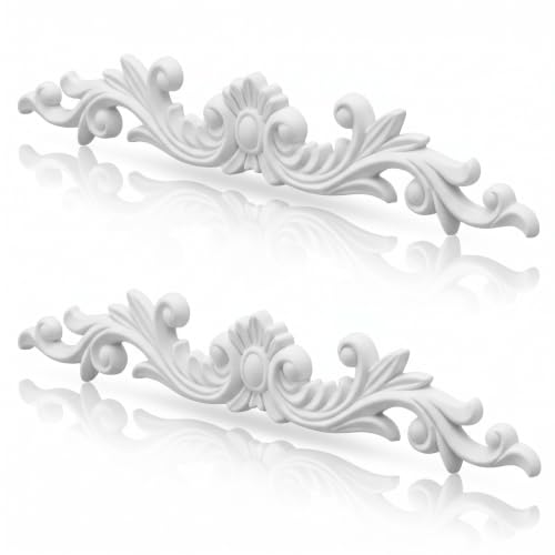Roowest 2 Pcs Floral Scroll Appliques Onlays White PVC Appliques for Furniture Decorative 3D Roses Carved Onlay DIY Decorative for Cabinet Dresser Bed Door Wall Wardrobe Ceiling - style: Acanthus