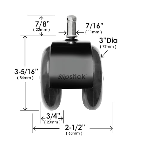 Monster 3” Dual Rollerblade Office Chair Wheels (Set of 5) Slipstick Premium Rubber Caster Wheels for Chairs, Smooth & Safe Rolling on All Flooring
