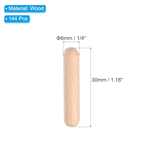 PATIKIL 1/4 Wooden Dowel Pins 144Pcs M6x30mm Wood Dowel Pins Hardwood Pegs