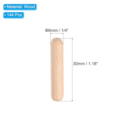 PATIKIL 1/4 Wooden Dowel Pins 144Pcs M6x30mm Wood Dowel Pins Hardwood Pegs