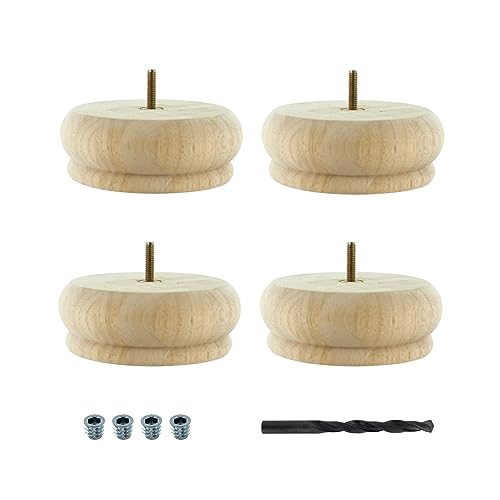 OUTWATER 4 in. H x 4 in. Dia Unfinished Solid Hardwood Bun Foot Leg for Furniture 4 Pack with 4 Free Insert Nuts and Drill Bit - color: Unfinished