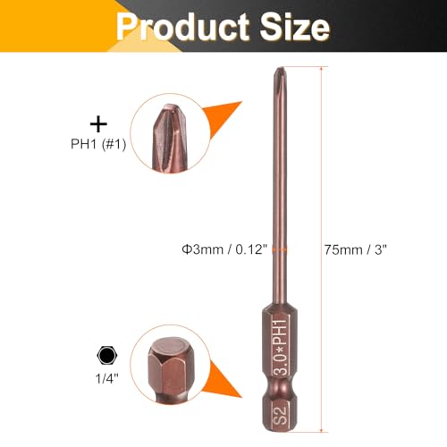 HARFINGTON 5pcs #1 Phillips Screwdriver Bit PH1 1/4" Hex Shank 3" (75mm) Long 0.12" Rod Magnetic Cross Head Drive Drill Bits S2 Steel Industrial Screw Driver Electric Power Tool, Brown - size: PH1 x 3" x 0.12"