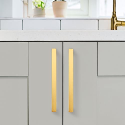 KNOBWELL 20Pack 6-3/10 Inch Brushed Gold Cabinet Pulls Stainless Steel Kitchen Cabinet Handles Square Drawer Pulls Modern Cabinet Hardware Handles，160mm Hole Centers - color: Brushed Gold, size: Hole Center:6-3/10 inch(160mm)