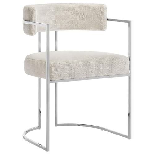 MAKLAINE Stainless Steel Chrome Dining Accent Chair, Silver Cream Upholstery, Curved Metal Frame, Padded Seat and Backrest, Adjustable Floor Glides, Modern Style, for Dining, Office, or Living Room - color: White
