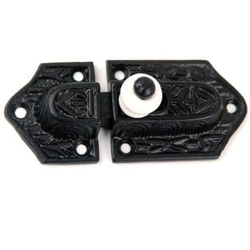 Van Dyke’s Restorers Black Iron Latch with Porcelain Knob — 3 Inch Cast Iron Cabinet Latch in Black Powder Coat, White Porcelain Knob, Vintage Hardware for Hutches, and Furniture Restoration