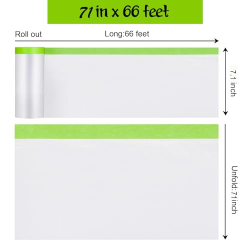 Pre-Taped Masking Film for Painting - 71" x 66'Painters Plastic roll,with Automotive Paint Tape,Decoration Painters Plastic,Windows and Furniture Protection (2 Rolls) - size: 71in x 66ft 2Rolls