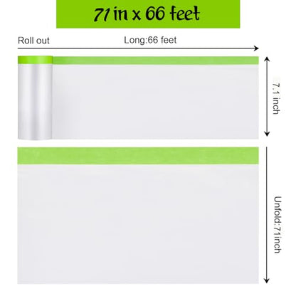 Pre-Taped Masking Film for Painting - 71" x 66'Painters Plastic roll,with Automotive Paint Tape,Decoration Painters Plastic,Windows and Furniture Protection (2 Rolls) - size: 71in x 66ft 2Rolls