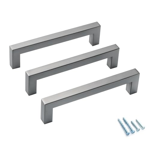 30 Pack 5 Inch (Center to Center 5in) Ancient Grey Square Cabinet Pulls Drawer Handles Cupboard Handles Modern Stainless Steel Kitchen Cabinet Handles and Pulls - color: Ancient Grey, size: 5 inch hole center (128mm)