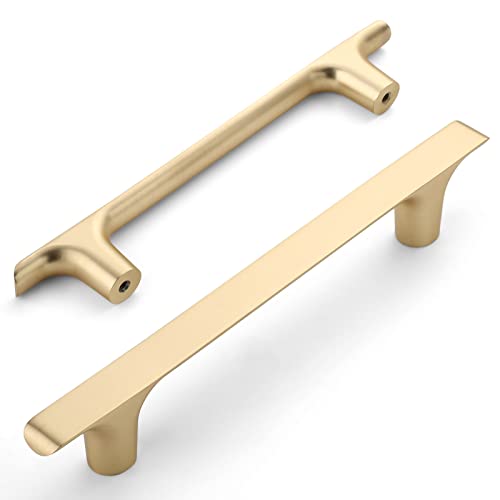 Amerdeco 10 Pack Brushed Gold Cabinet Pulls, 5 Inch(128MM) Hole Centers, Zinc Alloy & Brass, Kitchen Cabinet Handles, Cupboard Handles, Drawer Pulls, ZH0028 - color: Brushed Brass, size: 5"/128MM, style: 10 Pack
