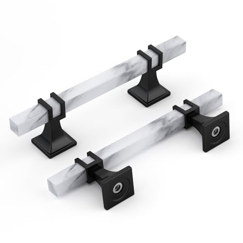 Rergy 10 Pack Cabinet Handles, White Marble & Matte Black Pulls, 3.75" - color: White Marble & Black, size: 3-3/4 inch (96mm) Hole Center