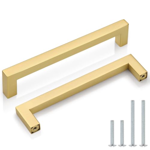 Probrico 30 Pack Square Cabinet Pulls 6-1/4 Inch Brushed Brass Cabinet Handles for Kitchen, Gold Kitchen Hardware for Cupboard, Modern Brushed Brass Drawer Pulls Drawer Handles Inside - color: Gold, size: hole center 6-3/10"