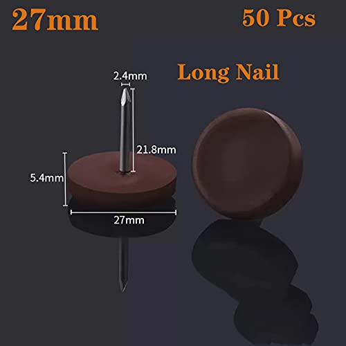 27mm Brown Nylon Furniture Sliders Nail On - Chair Leg Floor Protectors Nail - Nylon Chair Glides with Nail Brown Sliders Head, Chair, Table Leg Feet Protector Nail；Flat Bottom（Long Nail 50 Pcs） - size: 27mm（Long Nail）