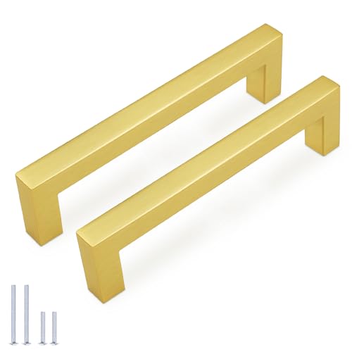KNOBWELL 20Pack 5 Inch Brushed Gold Cabinet Pulls Stainless Steel Kitchen Cabinet Handles Square Drawer Pulls Modern Cabinet Hardware Handles，128mm Hole Centers - color: Brushed Gold, size: Hole Center:5 inch(128mm)