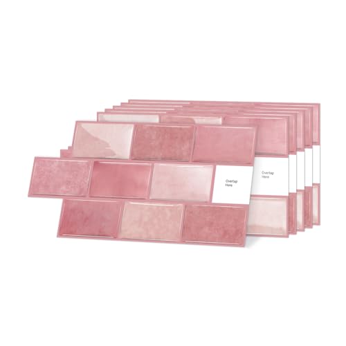 Alwayspon 6x12inchx10Pcs Self Adhesive Wall Tile Sticker, Peel and Stick Adhesive Waterproof Backsplash Stick on Tile Decals for Kitchen Bathroom Wall, Pink - color: Pink