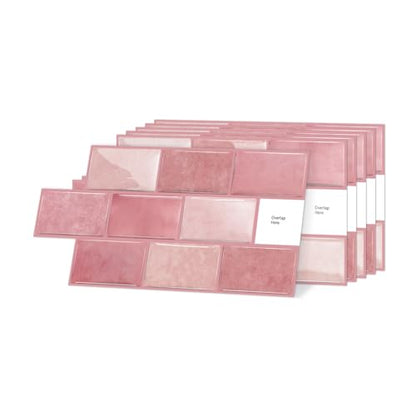 Alwayspon 6x12inchx10Pcs Self Adhesive Wall Tile Sticker, Peel and Stick Adhesive Waterproof Backsplash Stick on Tile Decals for Kitchen Bathroom Wall, Pink - color: Pink