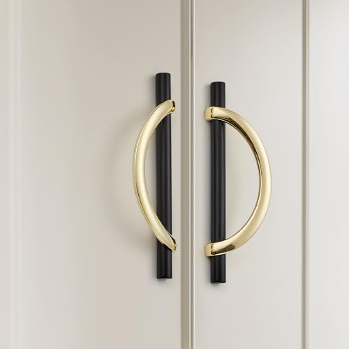 Polished Brass & Matte Black Cabinet Pulls Curved, 5 Inch/128 mm, 10 Pack - color: Gold & Matte Black, size: 5 Inch Hole Center