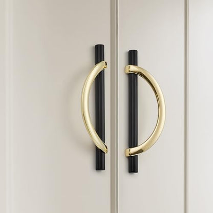 Polished Brass & Matte Black Cabinet Pulls Curved, 5 Inch/128 mm, 10 Pack - color: Gold & Matte Black, size: 5 Inch Hole Center