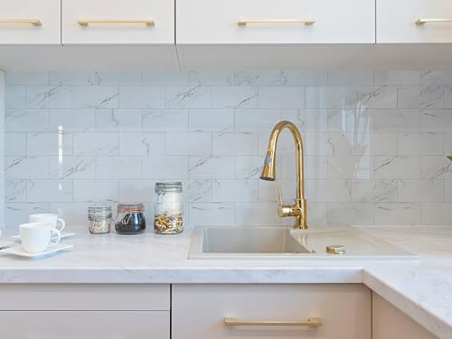 2026 New Upgrade Peel and Stick Backsplash Tile, Peel and Stick 11.34" X 11.57" Wall Tile for Kitchen, Bathroom, Fireplace, Laundry (Polished Carat Gold, 10 Packs) - color: Polished Carat Gold