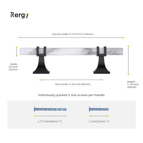 Rergy 10 Pack Cabinet Handles, White Marble & Matte Black Pulls, 3.75" - color: White Marble & Black, size: 3-3/4 inch (96mm) Hole Center