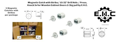 E.H.C. Magnetic Cabinet Door Catch with Strike, White, 15/32 Inch Drill Hole, 2-3kg Pull Force, Press-in Design, 3 Pack with Hardware