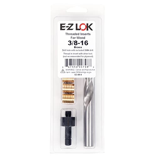E-Z LOK 400-6 Threaded Inserts for Wood, Installation Kit, Brass, Includes 3/8-16 Knife Thread Inserts (5), Drill, Installation Tool - size: 3/8-16 (5 Count)