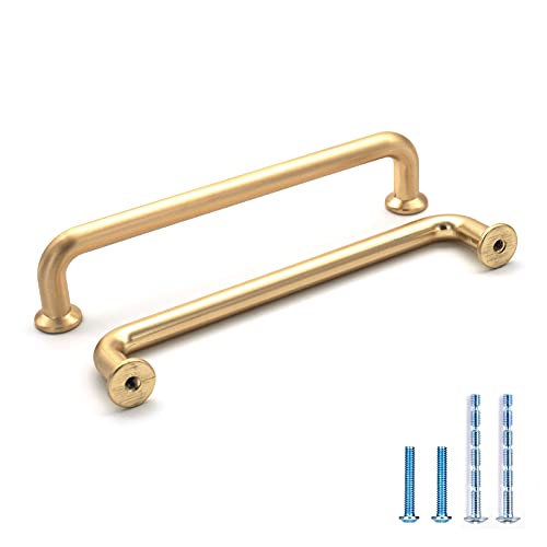 10 Pack Hole Center 5''(128mm) Brushed Brass Kitchen Cabinet Pulls.Zinc Alloy Solid Round Cabinet Handle Drawer Pull Modern Hardware for Bar