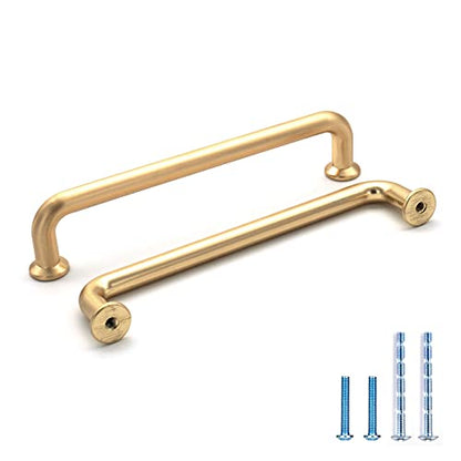 10 Pack Hole Center 5''(128mm) Brushed Brass Kitchen Cabinet Pulls.Zinc Alloy Solid Round Cabinet Handle Drawer Pull Modern Hardware for Bar