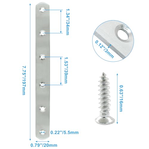 4 Pack 8 Inch Stainless Steel Flat Plate Straight Bracket - size: 8"-200mm-Silver