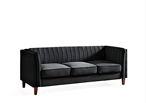 Container Furniture Direct Cavira Luxury Velvet Couch for Living Room with High Density Foam, Soft Fabric Upholstery, Removable Cushions and Solid Wood Legs, 83'' Wide 3 Seater Sofa, Black - color: Black, size: Sofa
