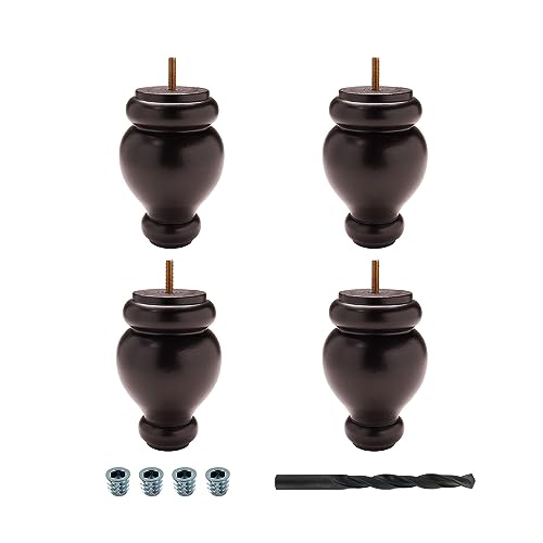OUTWATER 6 in. H x 4 in. Dia Stained Espresso Solid Hardwood Bun Foot Leg for Furniture 4 Pack with 4 Free Insert Nuts and Drill Bit - color: Espresso