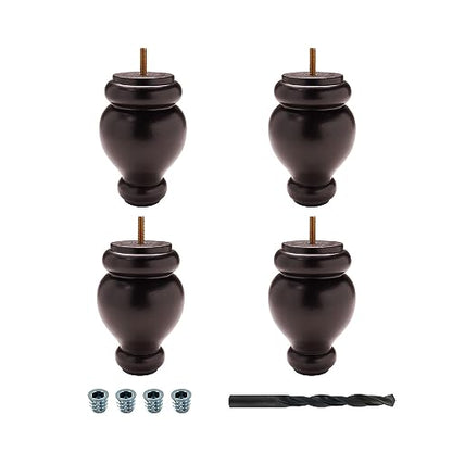 OUTWATER 6 in. H x 4 in. Dia Stained Espresso Solid Hardwood Bun Foot Leg for Furniture 4 Pack with 4 Free Insert Nuts and Drill Bit - color: Espresso