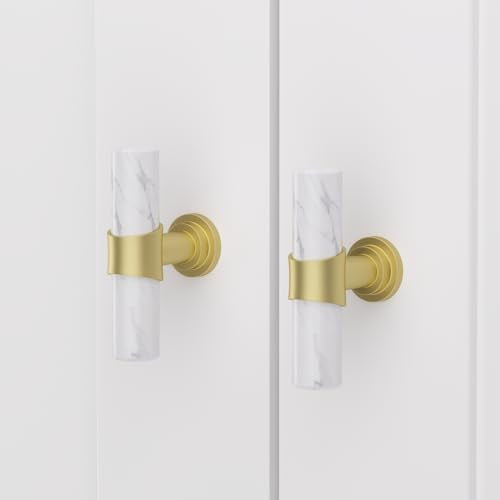 Rergy 10 Pack Cabinet knobs, White Marble & Matte Gold Single Hole Pulls - color: White Marble & Matte Gold, size: Single Hole